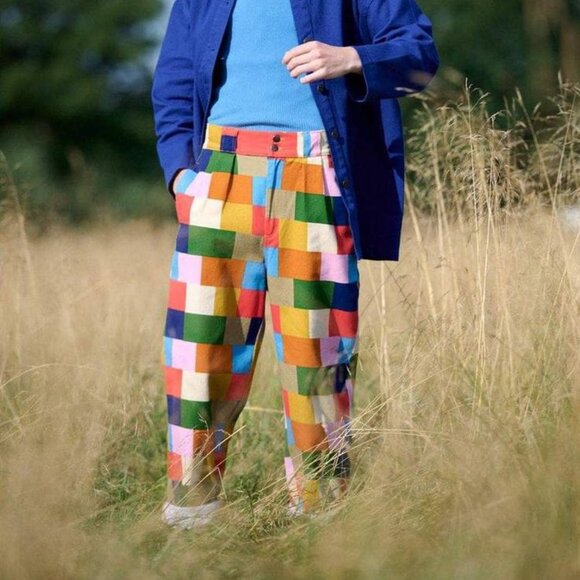 Lucy & Yak Multi Color Patchwork Bold Block Print 100% Organic Cotton Jeans 42 - Picture 1 of 5